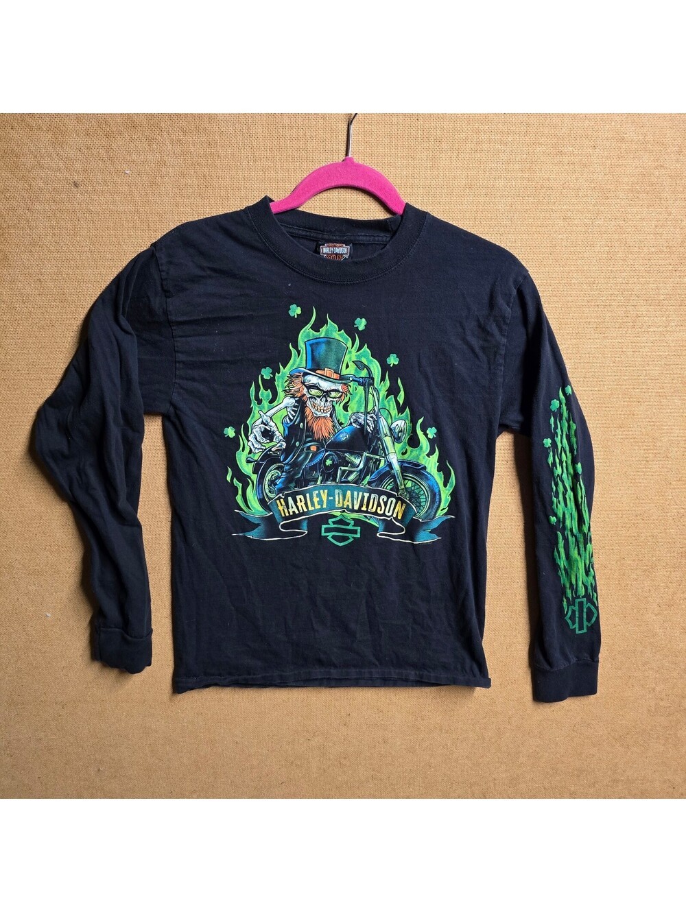 Harley Davidson Lucky Shamrock Flame Long Sleeve Shirt Sleeve Hit Sz S
